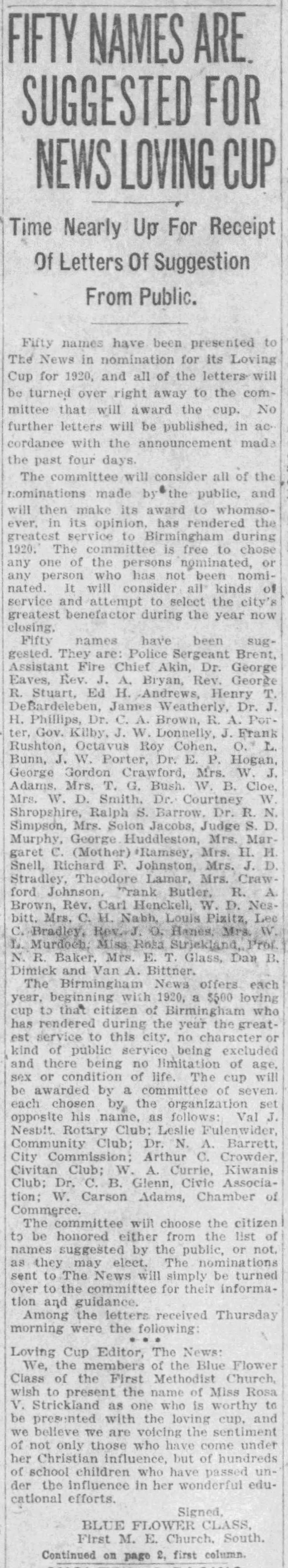 Fifty Names Are Suggested for News Loving Cup